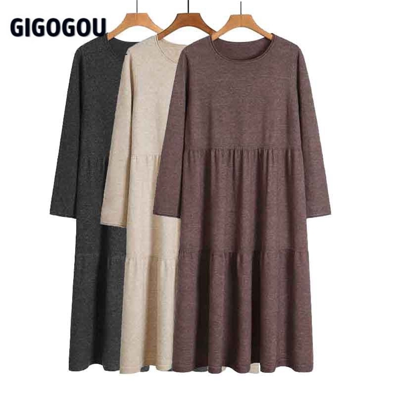 

GIGOGOU Casual Loose Long Knit Women Sweater Straight Dress Solid O Neck Oversized Pullover Maxi Dresses Autumn Midi Party Dress 211110, Coffee