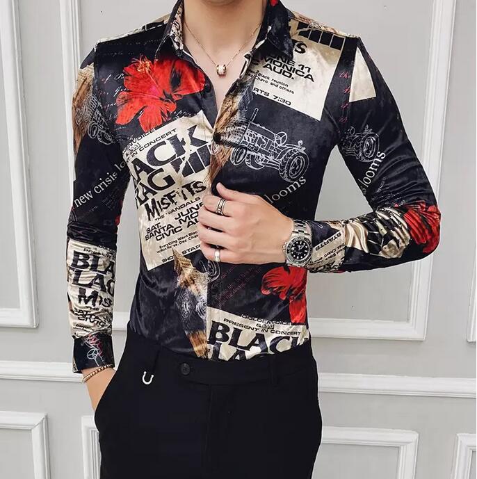 

Club Outfits Velvet Mens Long Sleeve Shirts European Winter Warm Mens Boutique Shirts Flannel Printed Clothes, Flower colour