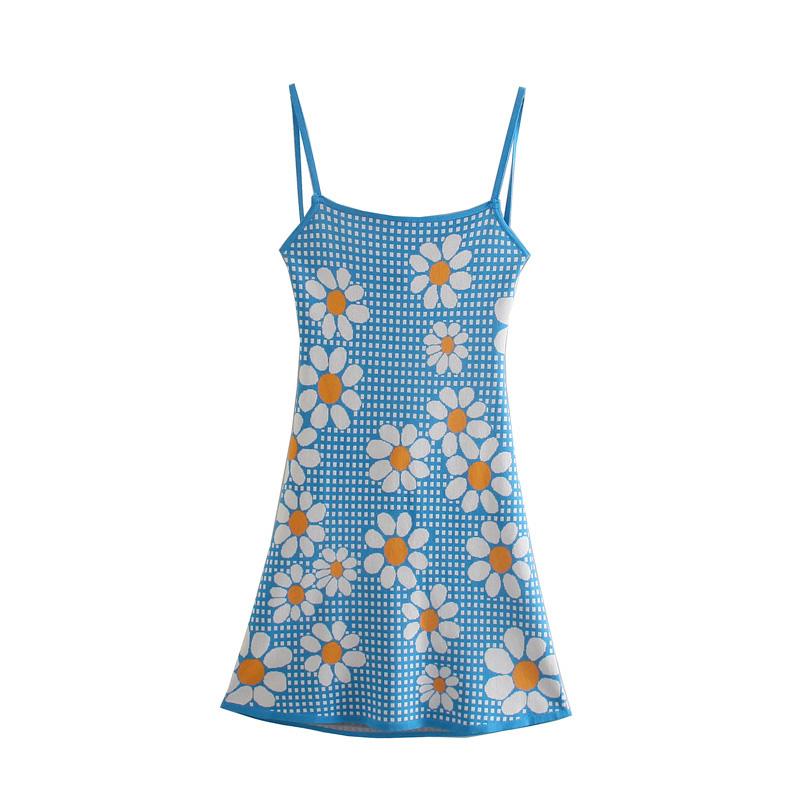 

Casual Dresses Women Straight Neckline Sleeveless Floral Knitted Mini Dress Summer Spaghetti Strap Backless Sexy Bodycon, Blue
