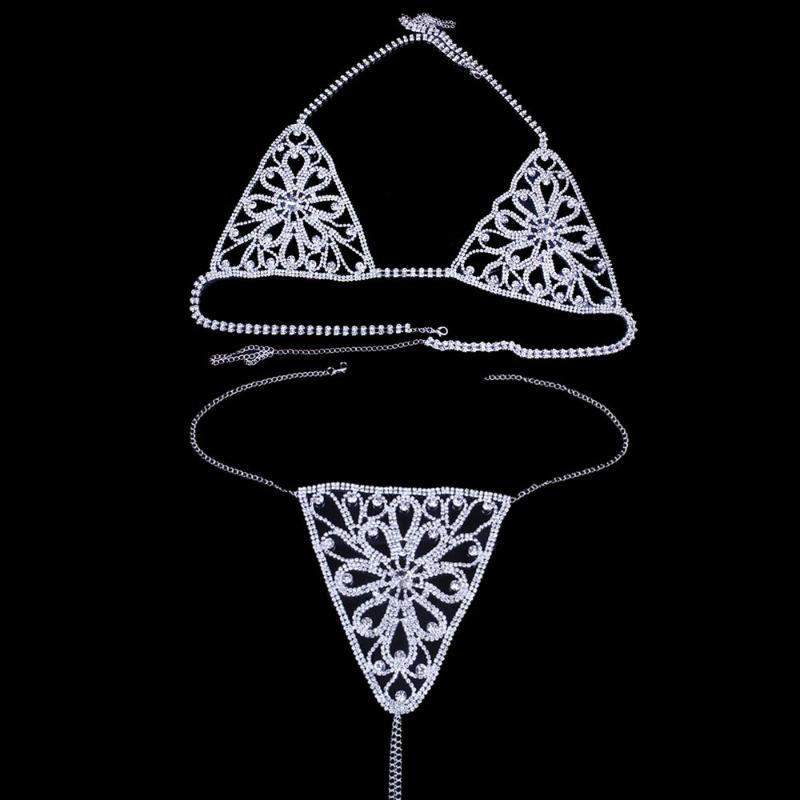 

Other 2021 Women Sexy Crystal Bikini Set Bling Full Rhinestone Hollow Out Breast Bra Crops Top Underpant Night Club Body Chain Jewelry