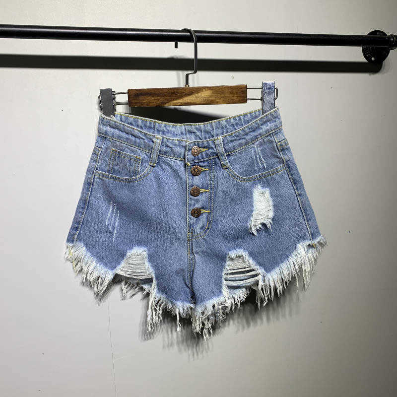 

Korea Fashion Summer Women Jean Shorts Plus Size Button High Waist Loose Casual Sexy Hole Denim Shorts Tassel Shorts D214 210608, Zipper blue