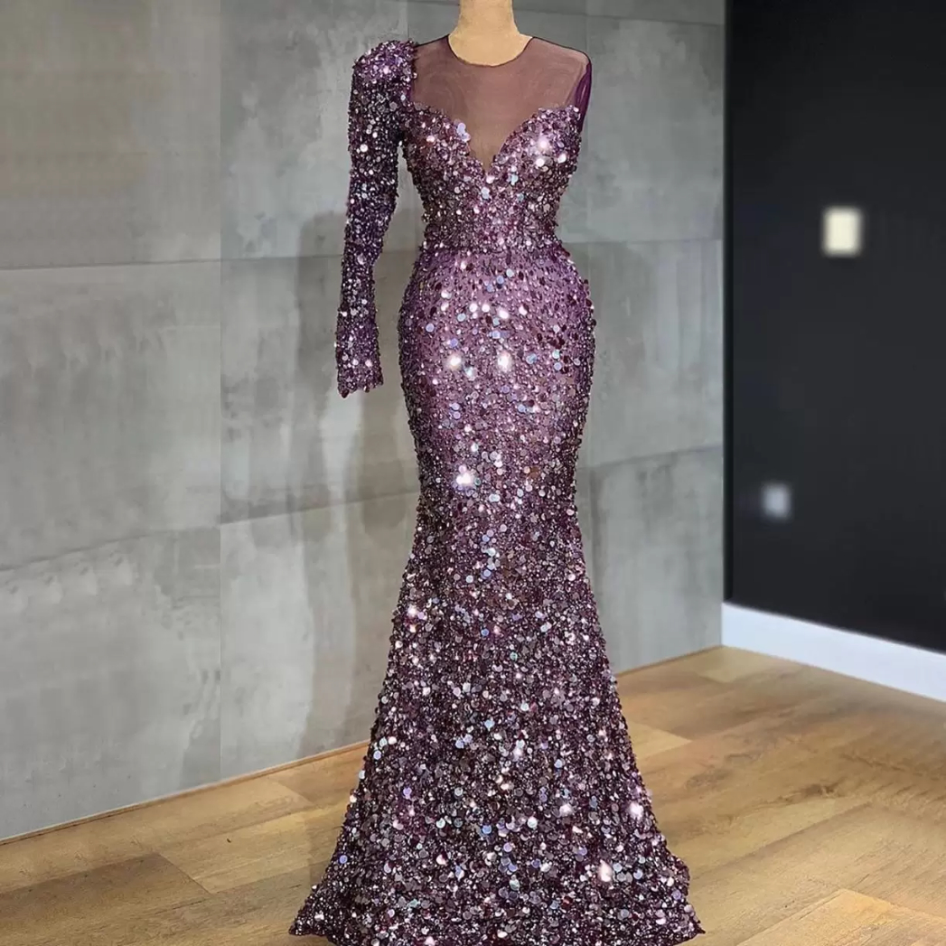 

Sequined Purple Plus Size Custom Made Evening Dresses One Shoulder Long Sleeve Beaded Formal Women Holiday Wear Celebrity Party Gowns, Black;red