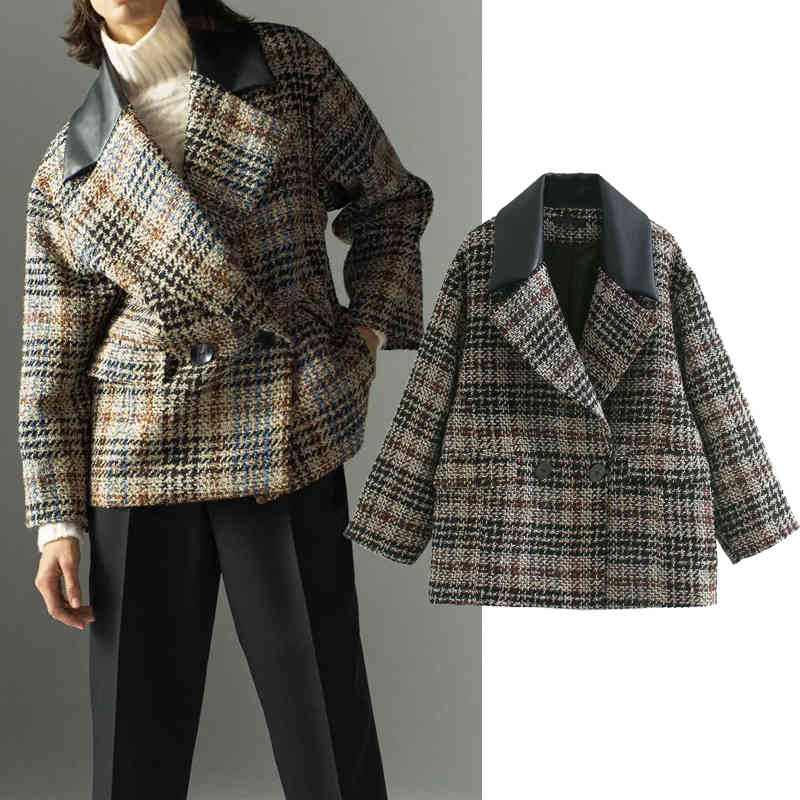 

Women's Down & Parkas Women Autumn winter plaid print Coat Turn-down Collar Long Lady Streetwear buttons Outwear BHHM, Black