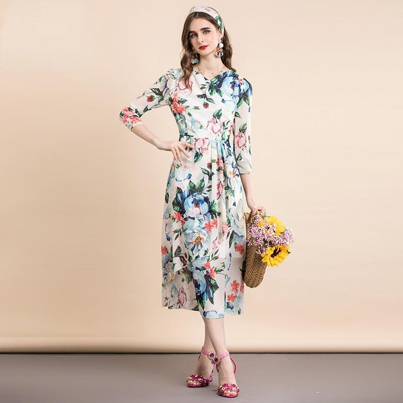 

Casual Dresses Runway 2021 Women' Summer Floral Party Dress Vacation Vintage 3/4 Sleeve Ruffles Printed Fashion Midi, Mixed color