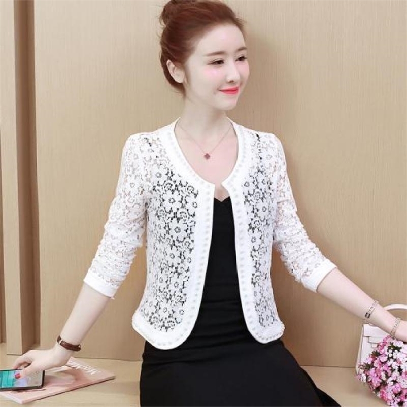 

Summer Casual Short Jacket Women Slim Plus Size Patchwork Lace Coat Womens Long Sleeved Fashion Nail Bead White Outerwear Casaco 210602