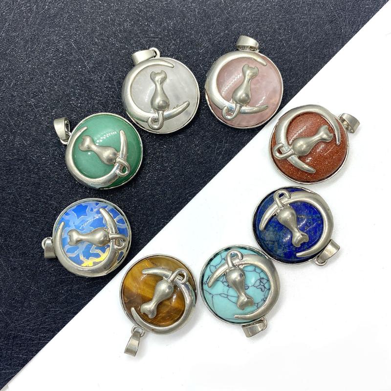 

Charms Natural Stone Moon Pendant Fashion Cat Lapis Lazuli Opal For Jewelry Making DIY Necklace Bracelet Earring Accessories, Bronze;silver