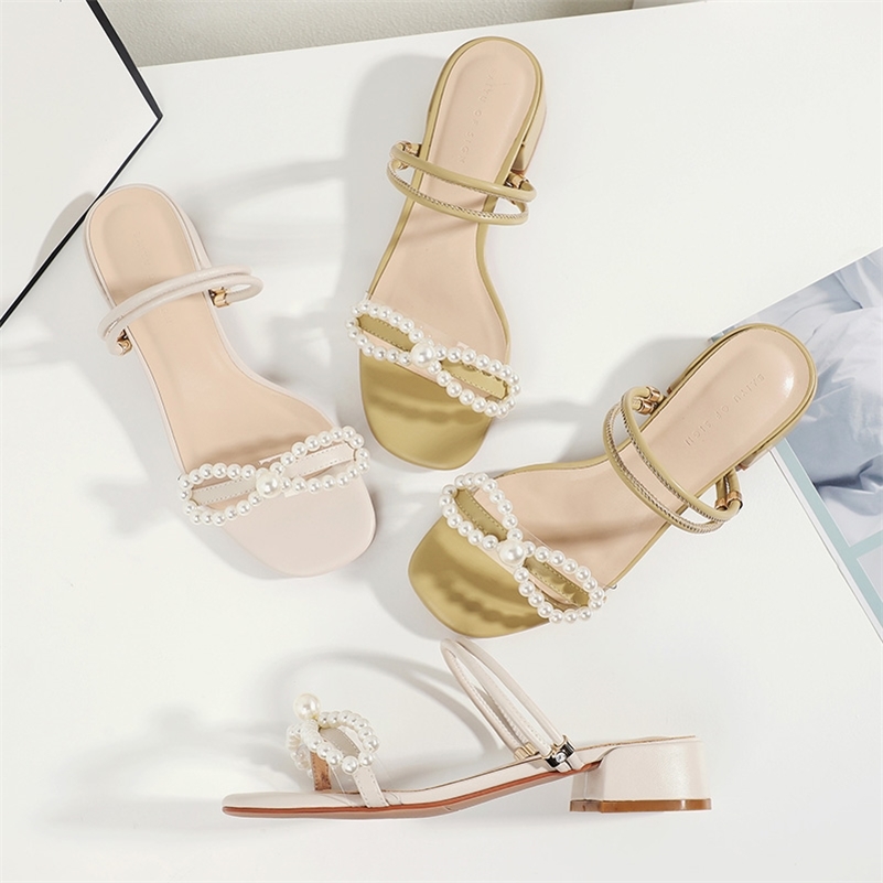 

Summer Women Slide Sandals Solid Green Beiges String Beads Bowtie Square Med Heel Beach Casual Female Slippers 210520, 3376-28-yellow