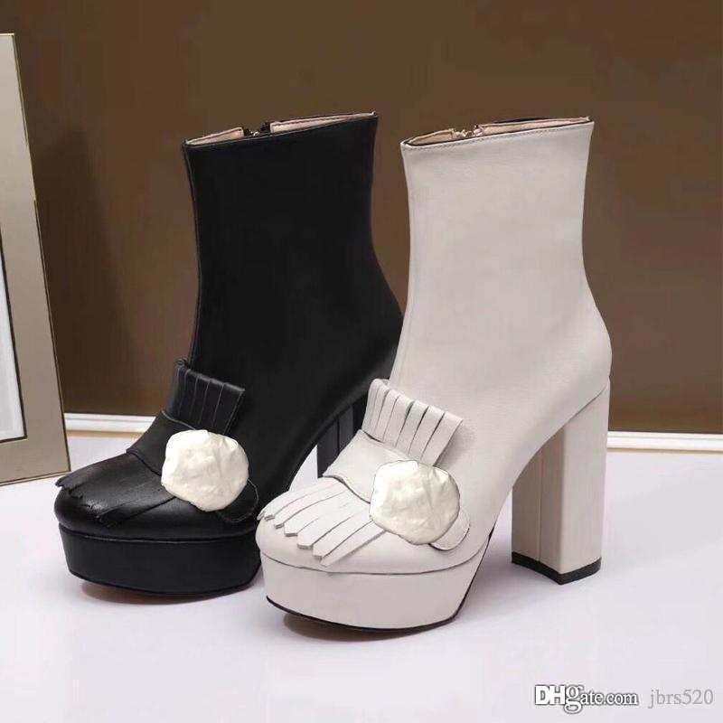 

High heeled boots designer Soft cowhide Autumn winter Coarse heel women shoes 100% real leather zipper Fashion Metal buckle lady Heels 10cm Large size 35-37-41 With box, Black