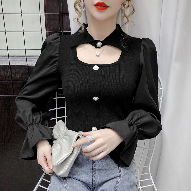 

Patched Full Chiffon Flare Sleeve Knitted Sweaters Crop Tops Girls Square Collor Solid Buttons Sweater Pullovers Women, Black