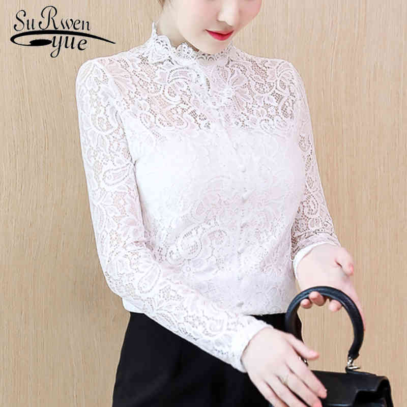 Fashion Solid Elegant Women Tops Lace Hollow Slim Blouses Casual Clothing Long Sleeve O-neck Autumn 6151 50 210508