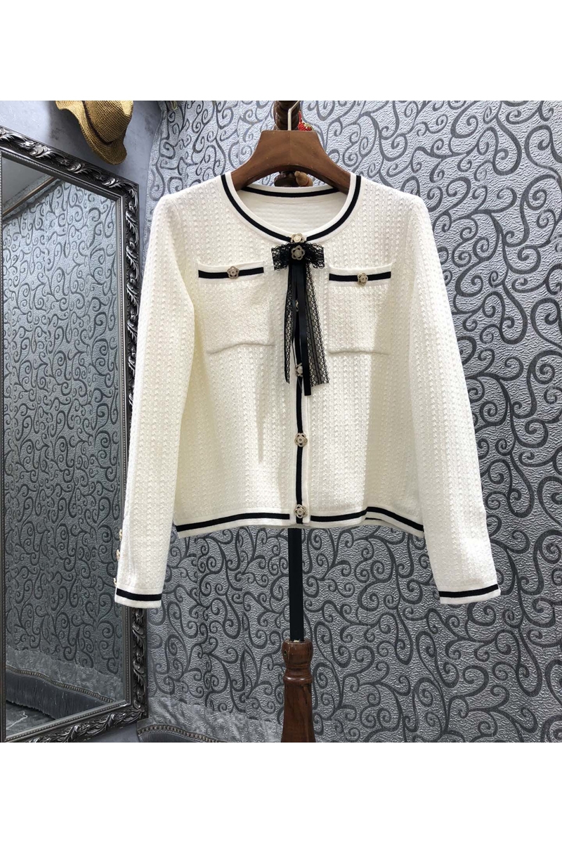 

Bow Double Pocket Short Knitted Cardigan Womens Clothes Autumn European and American New Versatile Top 9W, Black