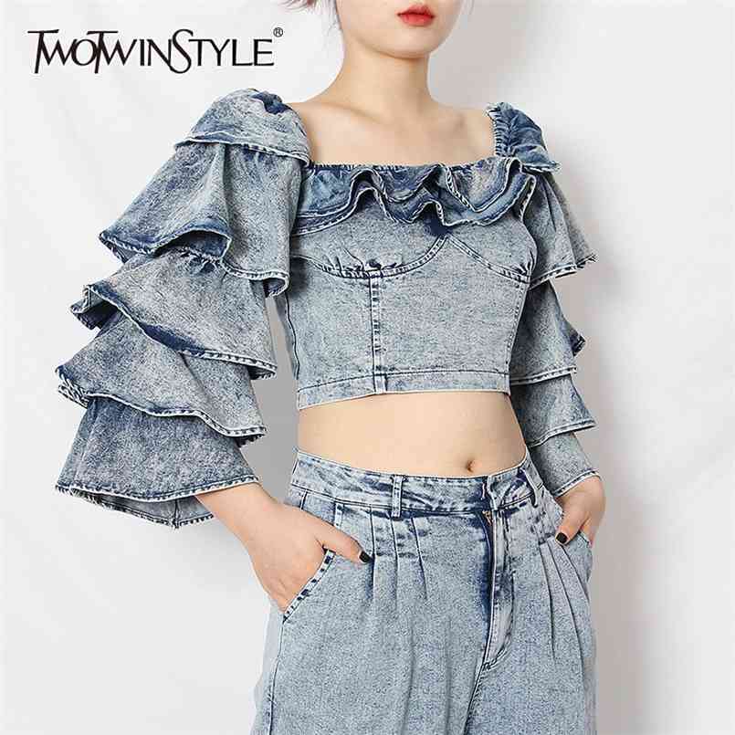 

Elegant Blue Denim Shirt For Women Square Collar Flare Sleeve Patchwork Ruffle Casual Slim Shirts Female Fashion 210524