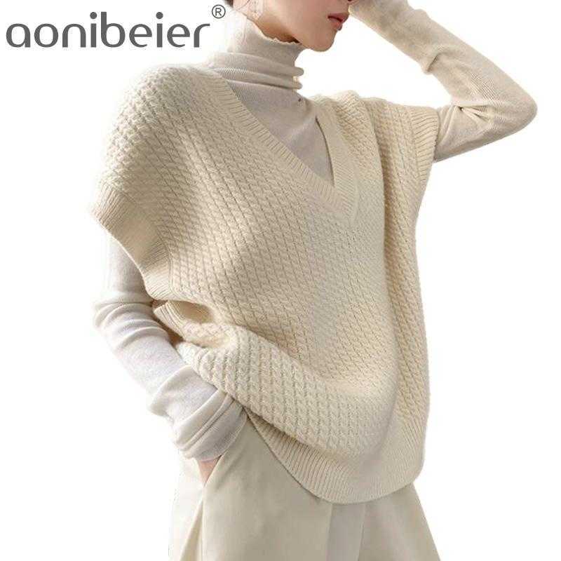 

Winter Spring Women Sweaters Pullovers Sleeveless Vest Knitting Vintage Oversize Wild Knitwear Tops Clothing 210604, Cream