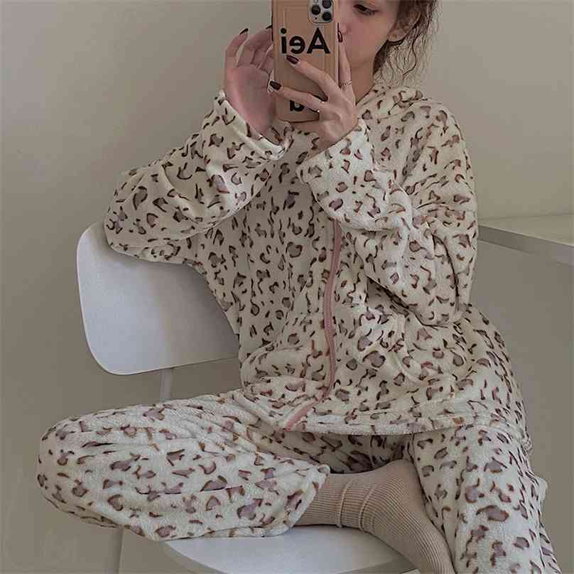 

Stylish Korean Hooded Nightwear Leopard High Quality Homewear Animal Printed Women All Match Loose Pajamas Sets 210525, Photo color