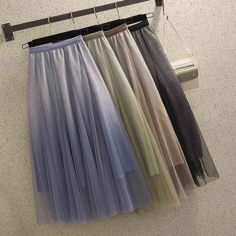 

Casual Dresses Spring Gradient Metallic Mesh Maxi Long Skirt Elastic Waist Pacthwork Layered Tulle Tutu Skirts Green Blue RM4S