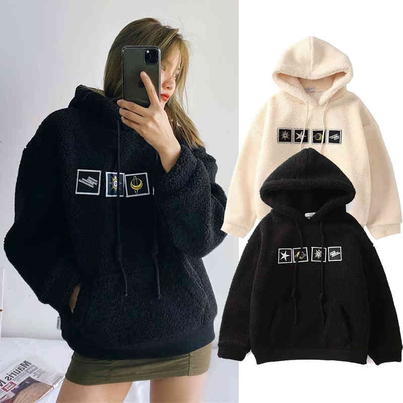 

Women's Hoodies & Sweatshirts women Lambswool hoodie sweatshirts winter Stars moon embroidery Plus velvet thickening pullovers war, White