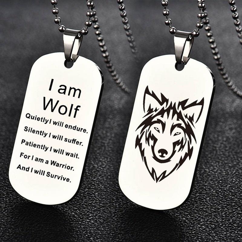 

Fashion Wolf Pendant Necklace Double Side Engraved I Am Fans Gift Dog Tag Jewelry Keychain Necklaces