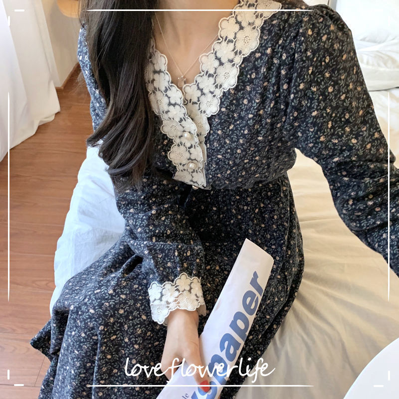 

Floral Vintage Dress Women Spring Casual V-Neck Lace French Retro Midi Dress Female Kawaii Slim Dress Korean Chic 210521, Black