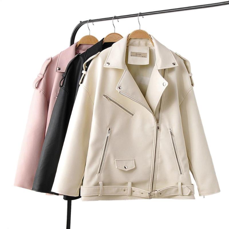 

Women's Leather & Faux Women Autumn Winter Black Jackets Zipper Basic Coat Turn-down Collar Motor Biker Jacket With Belt 2021