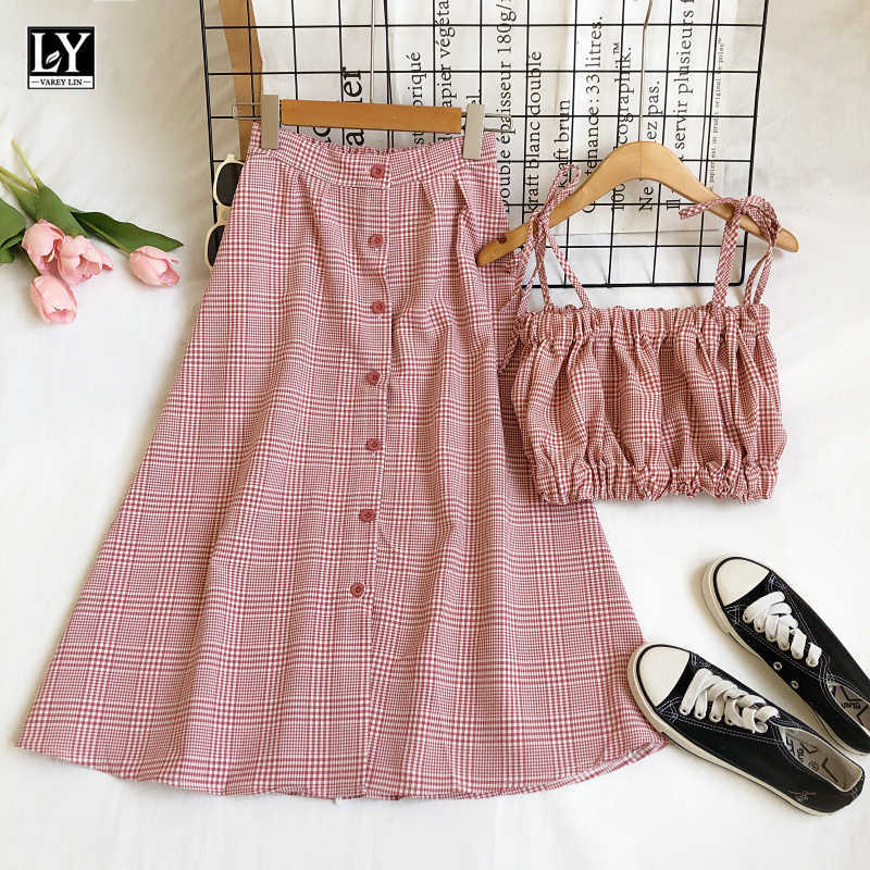 

LY VAREY LIN Summer Casual Plaid Two Piece Set Slim Folds Lace-up Breast Wrapping Tops+Single Breasted High Waist Skirts 210526, Light blue