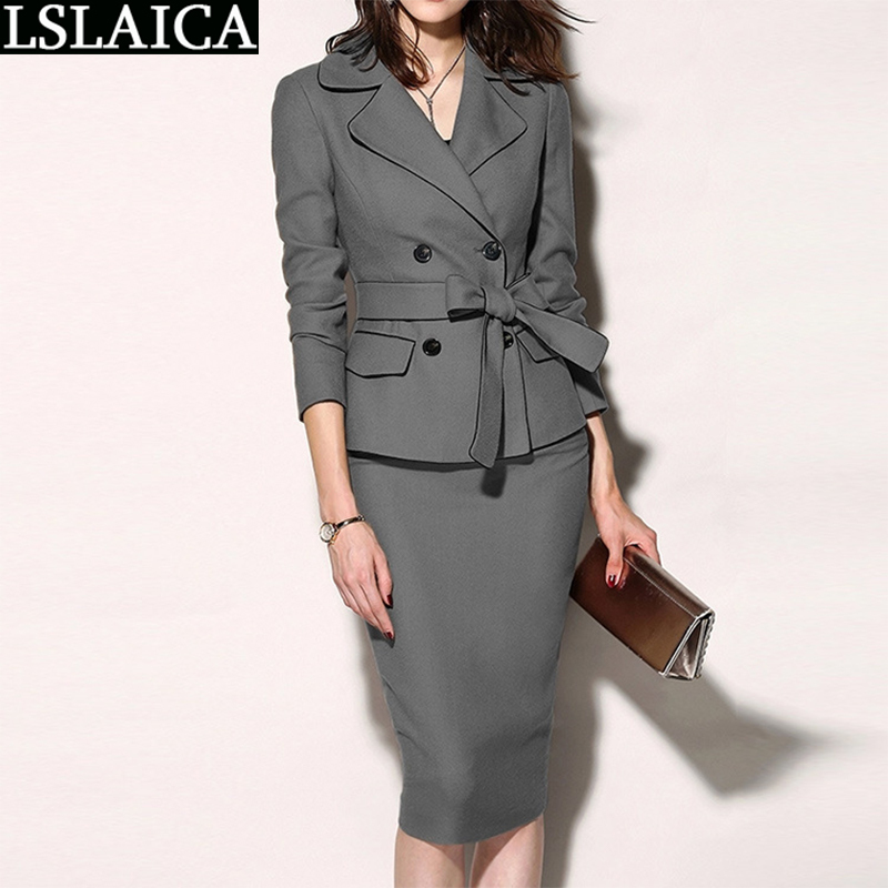 

Women's Suit Gray Long Sleeve Blazer Women Turn-down Collar Skirts Office Lady Two-piece Suits Lace-up Casual Chic Two Piece 210520