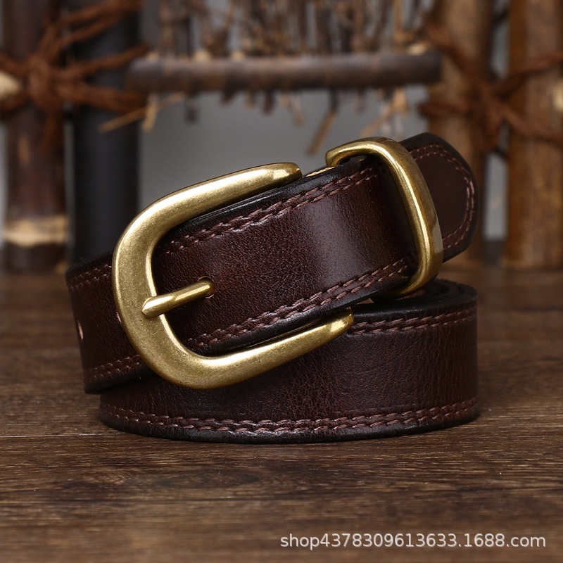 

2.8cm Wide Belt Womens Leather Pin Buckle Pure Cowhide Retro Distressed Korean Style Fashion All-Matching Jeans Trendy No. 2, Black