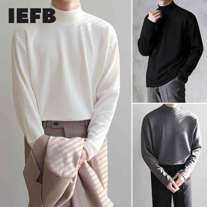 

IEFB Spring Autumn Basic Tops Half High Collar Base Causal Cotton Long Sleeve T-shirt Korean Fashion Clothes 9Y5270 210524, Gray