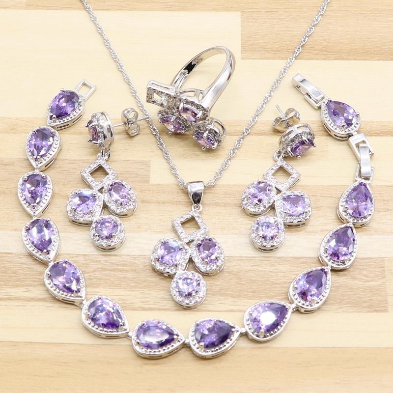 

Wedding Jewelry Sets XUTAAYI 4PCS Top Quality 925 Silver For Women Purple Cubic Zirconia White Crystal Necklace/Rings/Earrings/Bracelet, Slivery;golden
