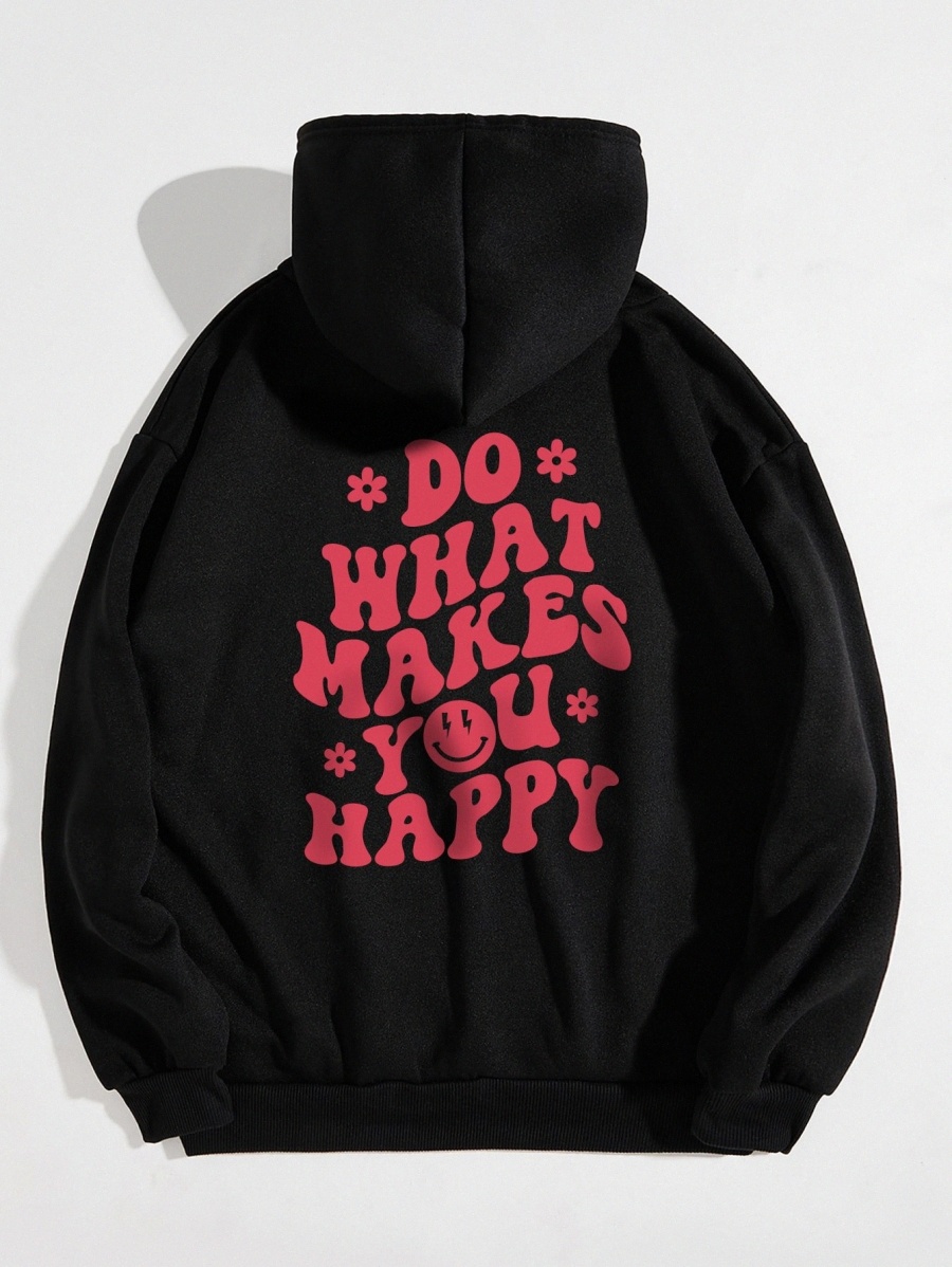 

Slogan & Cartoon Print Drawstring Thermal Lined Hoodie B4fV#, Black