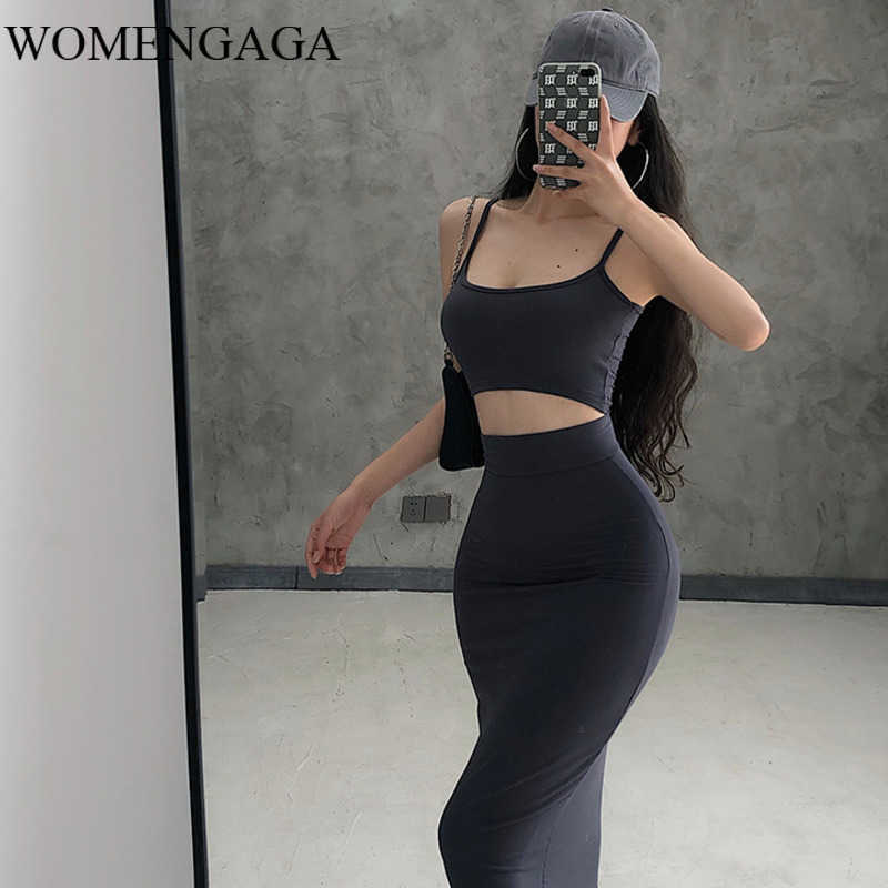 

Summer Womens Sexy Tight Navel Camisole High Waist Tank Tops + Hip Long Skirt Two-piece Set DHAO 210603, Dark gray