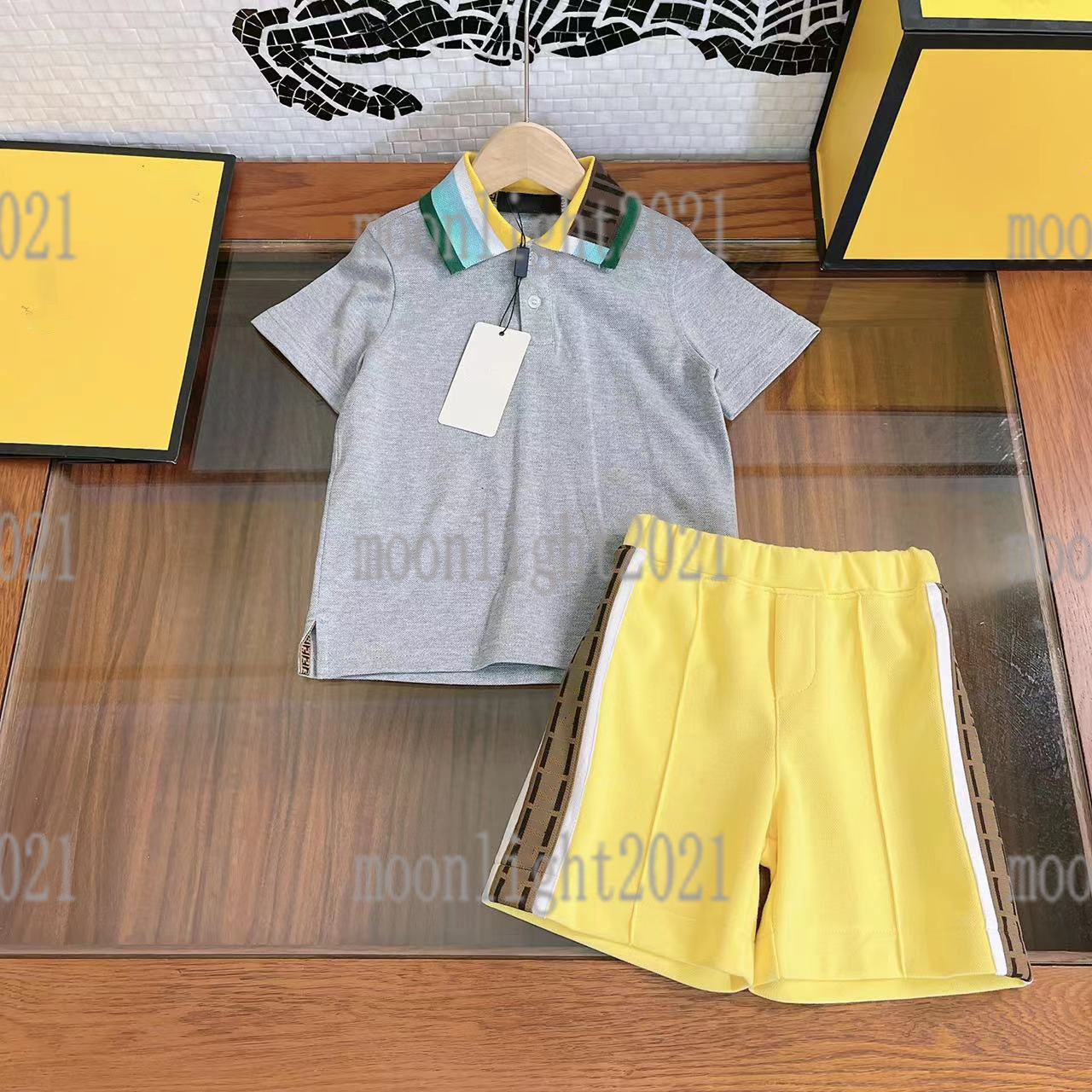 

22ss summer boys ff polo gray t shirts+ shorts sets casual sports suits cotton tracksuits short sleeve color childrens suit brand clothing cotton tees size -150, 01