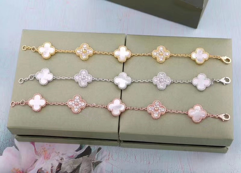 

2021 high quality chain Fashion Four Leaf Clover 5 colors Link diamond Bracelets 18K Gold for Women Girls Valentine's Wedding Jewelry, Black