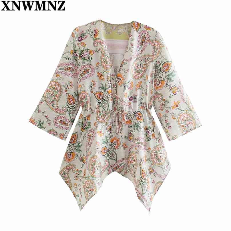 

Asymmetric Floral Print Summer Blouse Women Long Sleeve V Neck Vintage Belt Blouses Fashion Button Up Woman Beach Top 210520, Multi