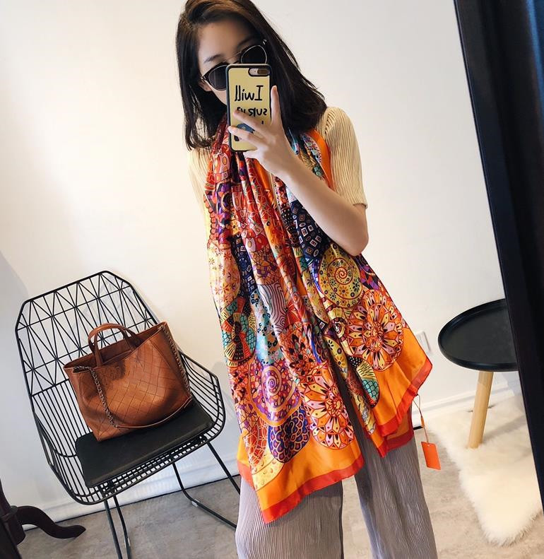 

Designer Silk scarf Pashmina for Women Big size Spring Summer Orange FLoral Printed Long Scarves Scarfs Wrap 180x90Cm Shawls S230
