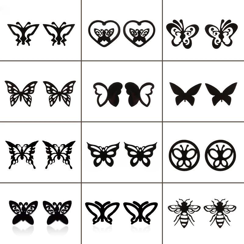 

Stud 2021 Black Stainless Steel Ear Cartilage Screw Butterfly Earrings Creative Engraved Piercing Jewelry, Golden;silver