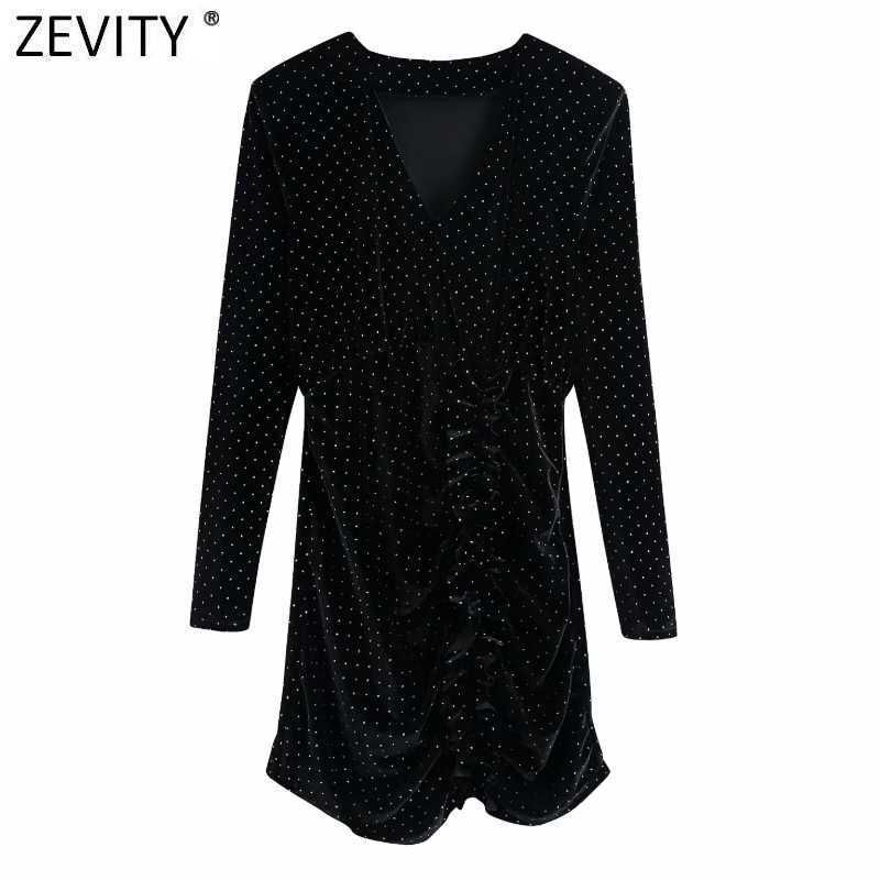 

Zevity Women Sexy V Neck Sequins Decoration Velvet Slim Mini Dress Femme Chic Hem Pleated Ruffles Brand Party Vestido DS4868 210603, As pic ds4868bb