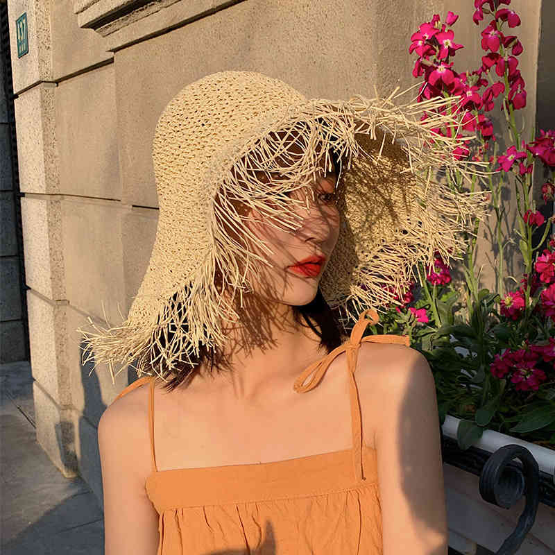 

Straw women's summer hand-made Big Brim hair must side wind, versatile foldable beach basin sun hat, Pink