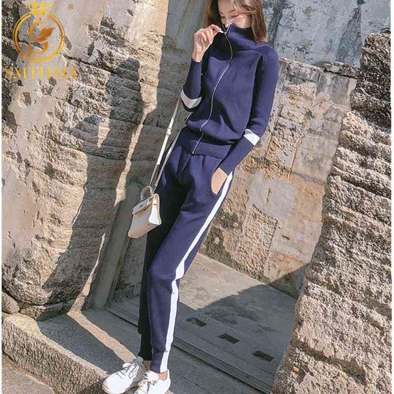 

High Quality Autumn And Winter Zipper knitting Jacket + Women Elastic waist Casual Track Suits Knitting 2pcs Pants Sets 210520, Picture color