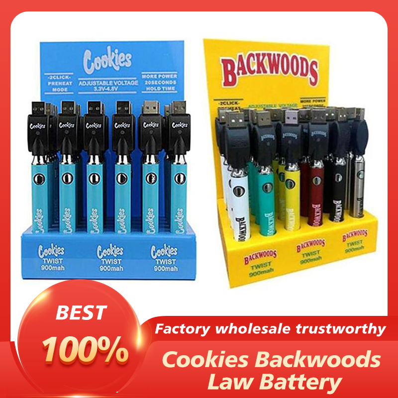 

High Quality Cookies Backwoods Law Twist Preheat VV Battery 900mAh Bottom Voltage Adjustable Usb Charger Vape Pen 30Pcs With Display Box
