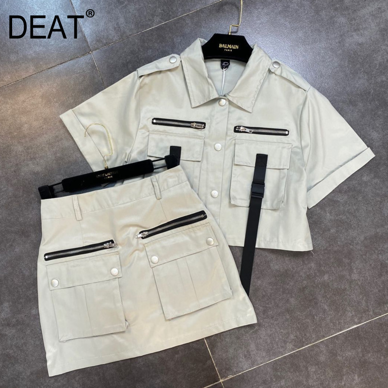 

Women Skirt Short Pockets Zippers Personality Two Piece Set Fashion Temperament Spring Summer 11D354 210525, Bean green
