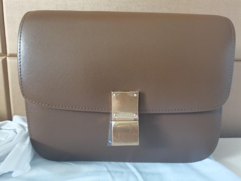 Realfine 3A 89173 24cm Medium Classic Bags In Box Calfskin Leather Shoulder Handbag For Women With Dust Bag