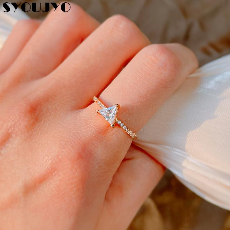 

Wedding Rings SYOUJYO Fashion Triangle Simple Bride Bright Natural Zircon Romantic 585 Rose Gold For Women Crystal Flower, Slivery;golden