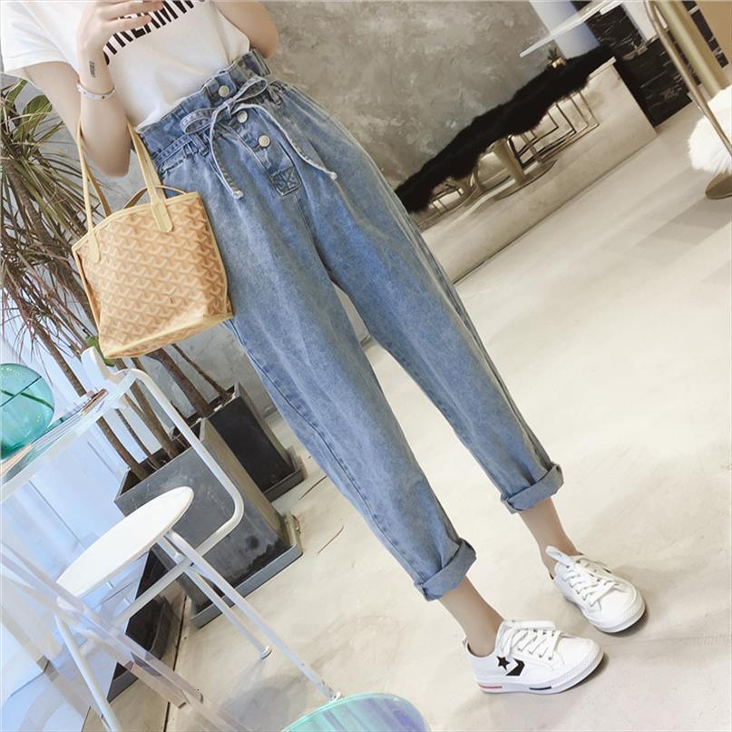

loose high waist slimming womens jean korean lace up straight ankle length trendy denim pants, Blue