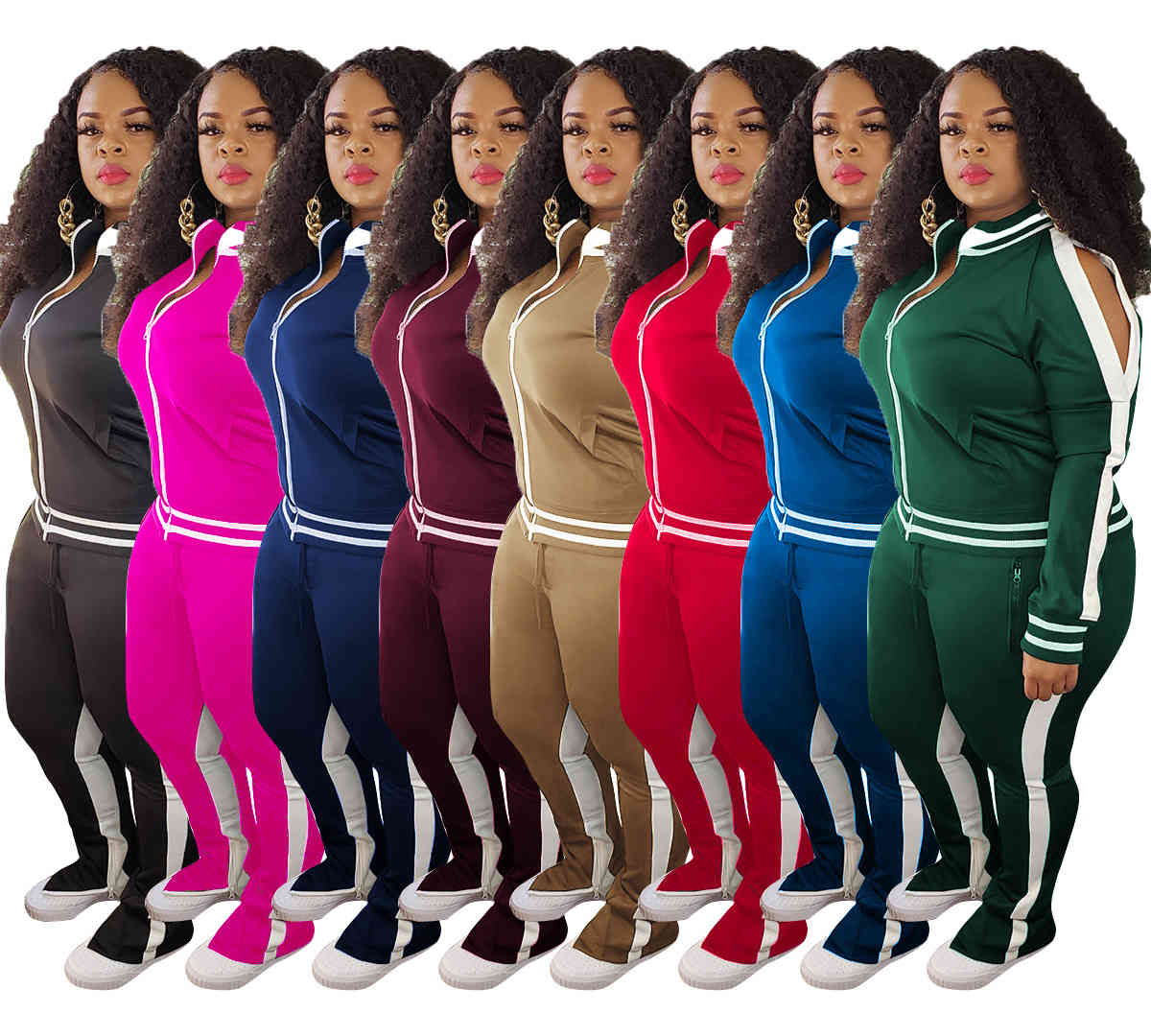 

Women's Tracksuits Color Blocking Patchwork Casual Two Piece Outfit Women Off Shoulder Full Sleeve Jackets and Split Sweatpant Matching Set, Orange