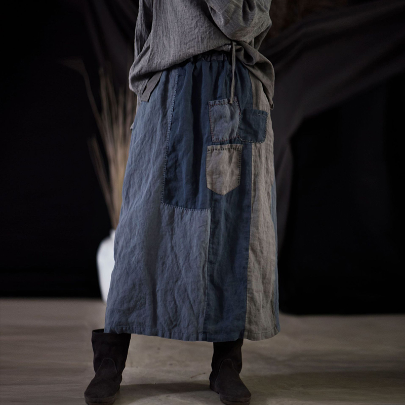 

Johnature Patchwork Linen Vintage Skirts Casual Elastic Waist Women Loose All-match High Quality Mid-Calf Straight Skirts 210521