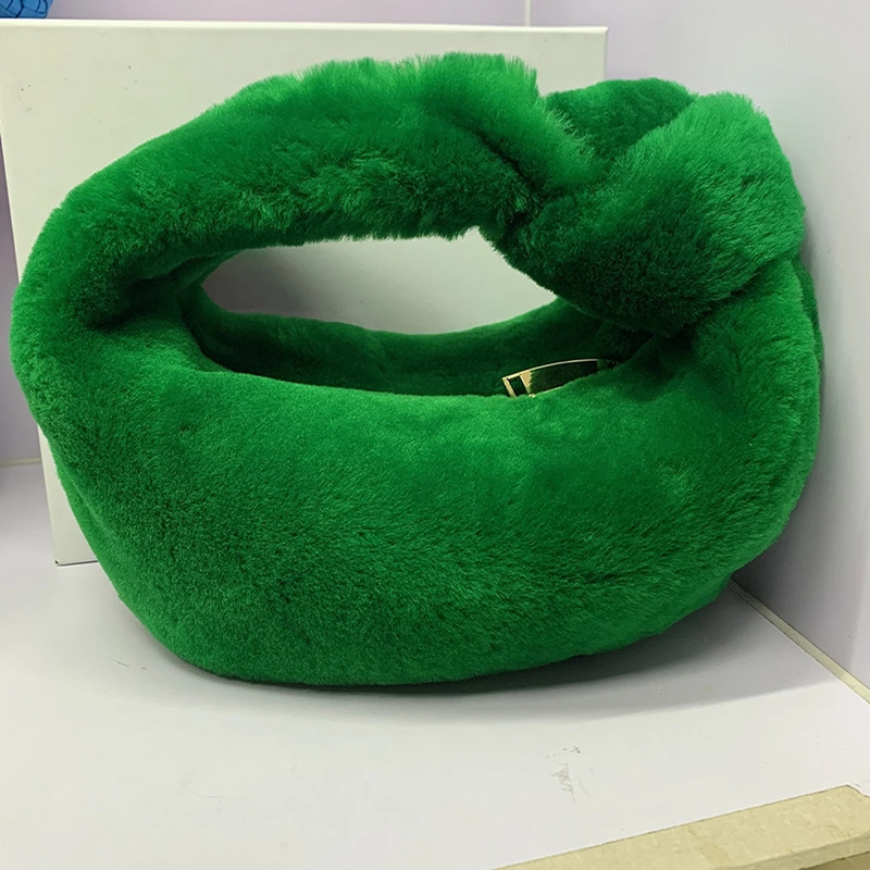 

Winter New Fur Bag Women Luxury Hobos Tote Bags Fashion Knotted Cloud Bag Solid Color Female Soft Warm Handbag, Black