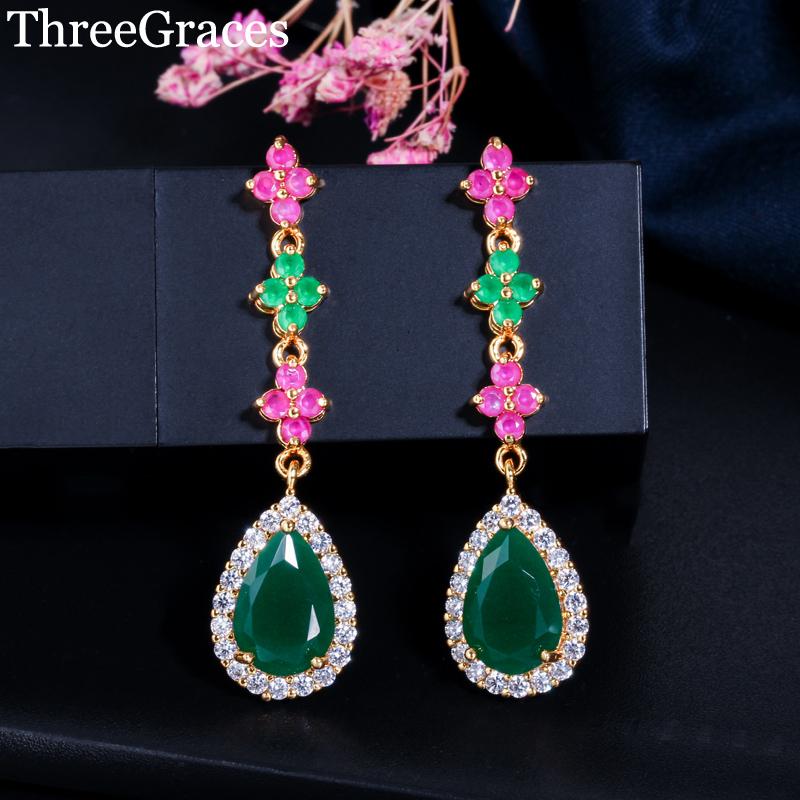 

Dangle & Chandelier ThreeGraces Nigerian Gold Color Jewelry Zirconia Pave Red Green Natural Crystal Vintage Long Drop Earrings For Women ER2, Silver