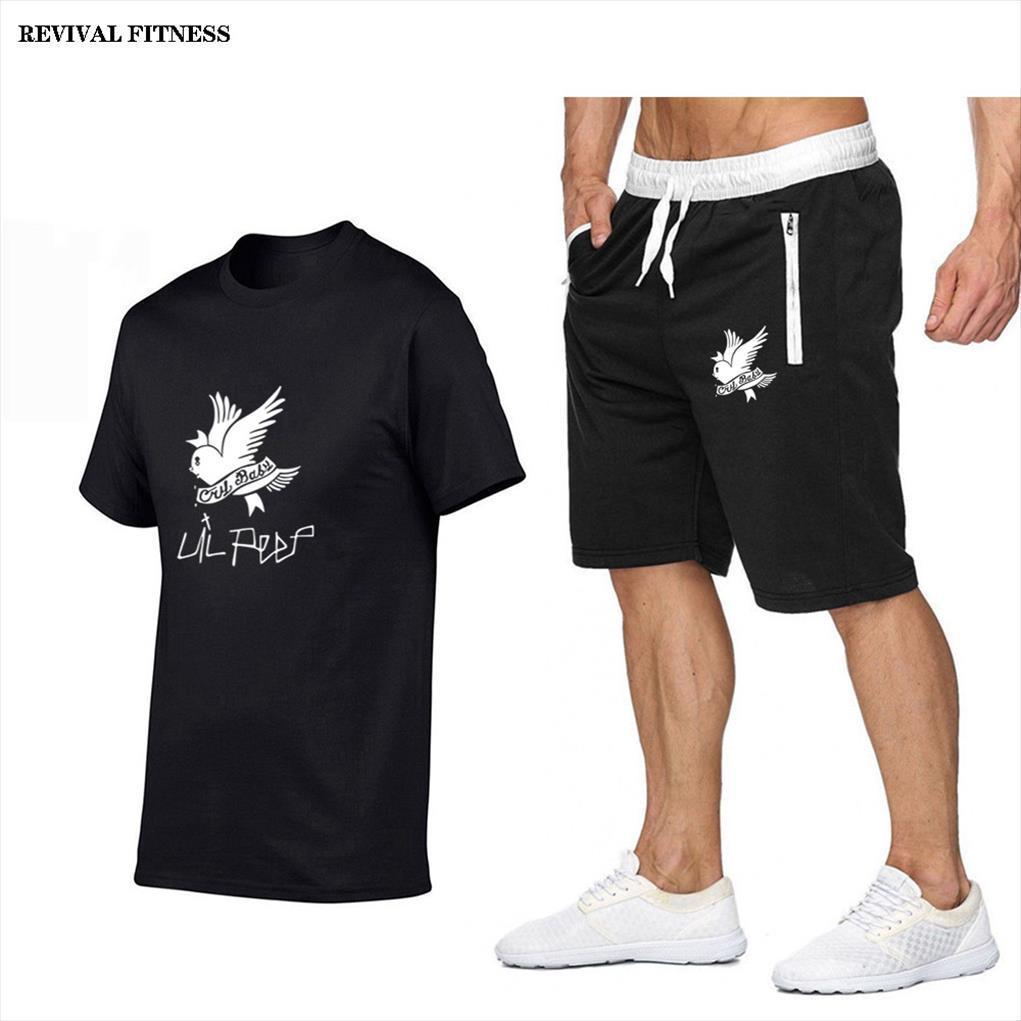 

fashion lil.peep t shirt men tracksuits shorts set summer 2pc short sets beach male casual tee shirts sportswears s xxl, Gray