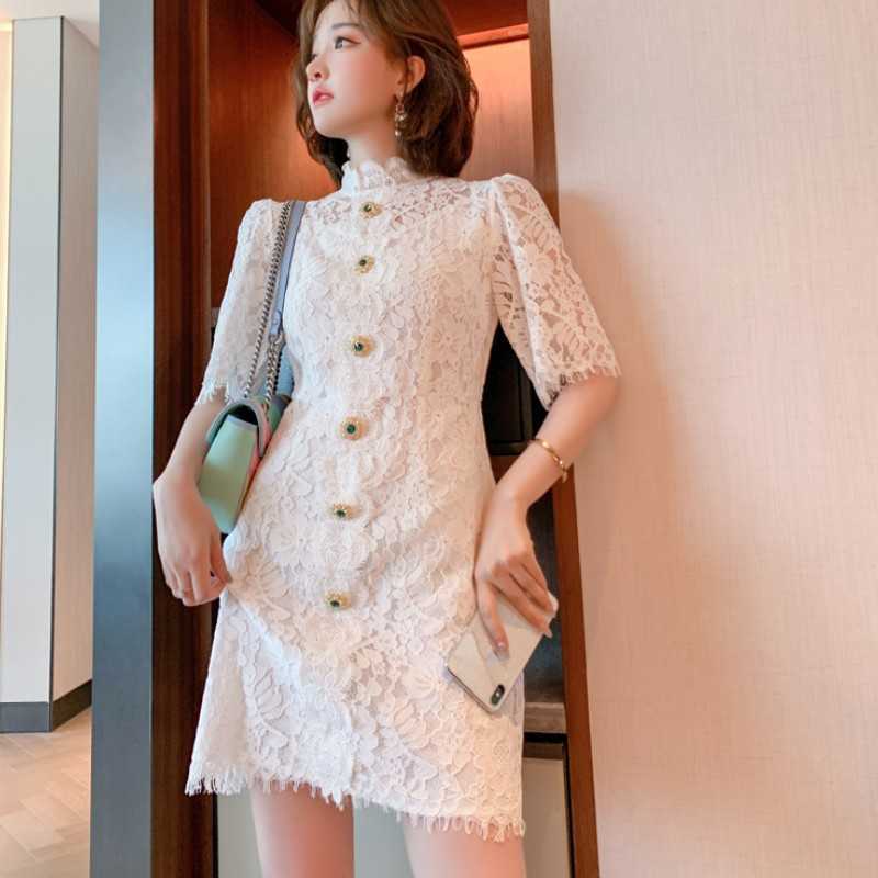 

Summer Retro White Lace Stand Collar Short Sleeve Single-Breasted Chic Button Vintage Elegant Slim Mini Dress 210526