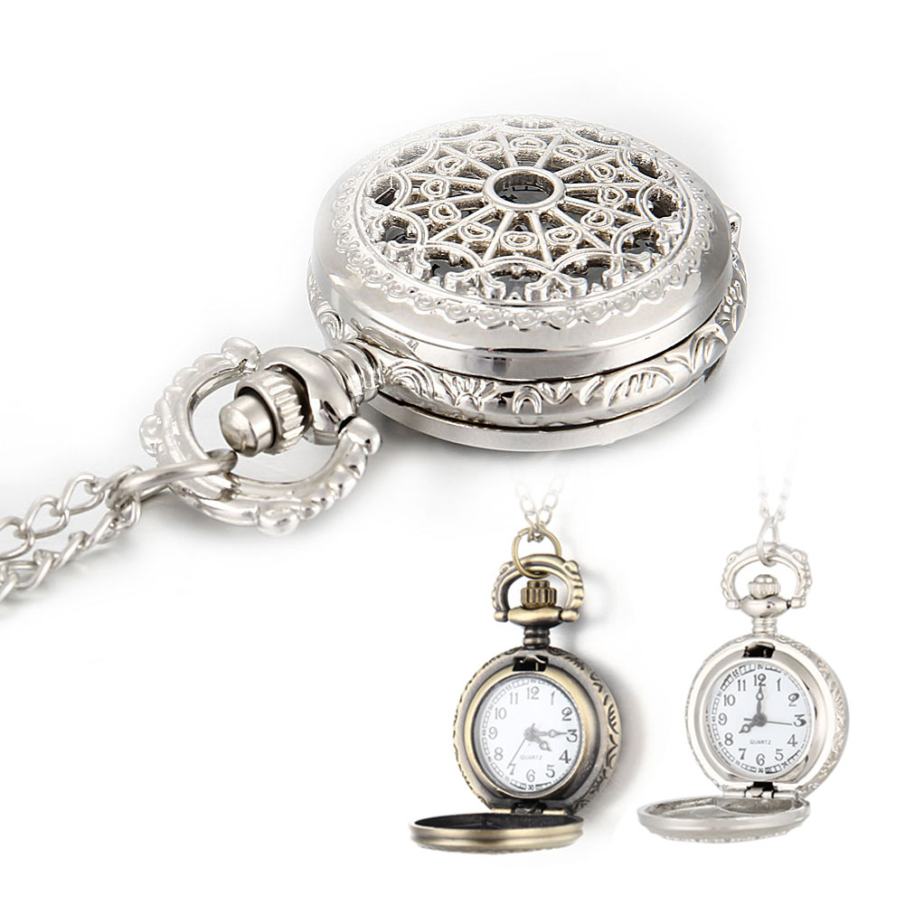 

Newly Men Pocket Watch Retro Bronze Tone Round Shape Spider Web Pattern Watches With Chain Necklace, Silver
